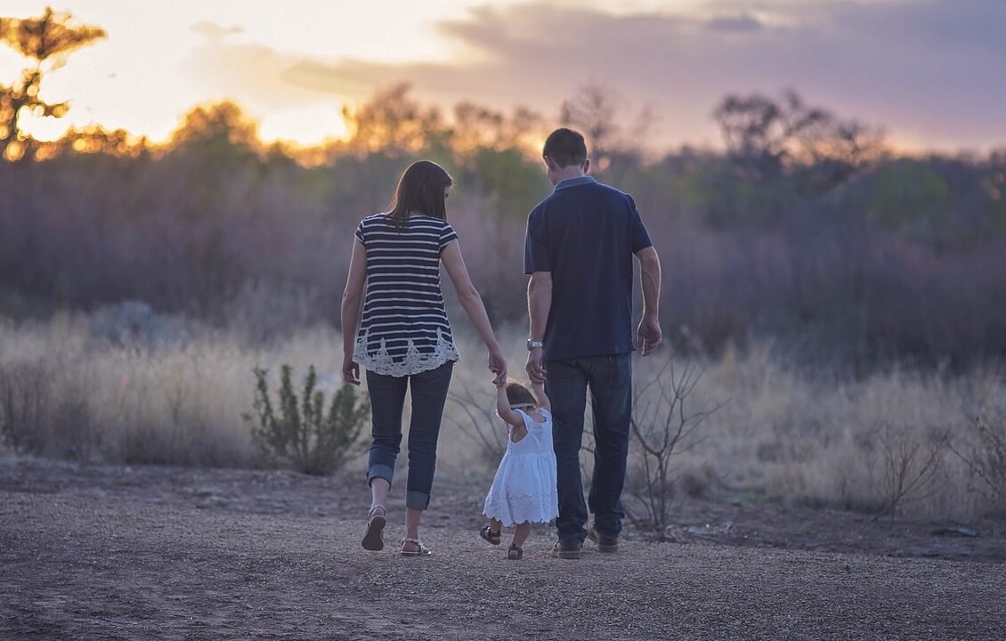 family, walking, countryside, sunset, field, parents, mother, father, toddler, evening, walk, daughter, together, child, nature, outdoors, family, family, family, family, family, parents